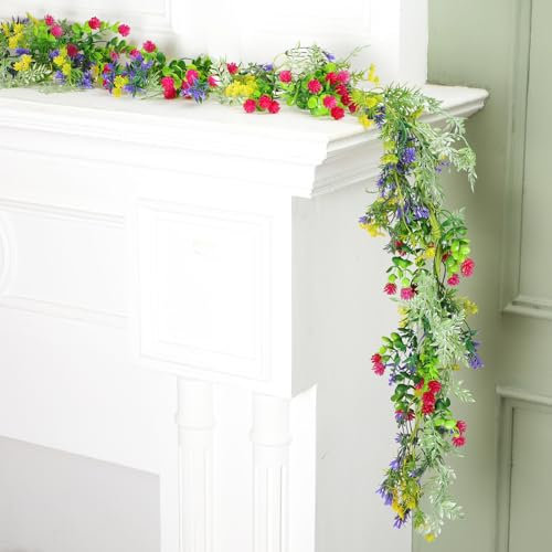 1 Pcs 6 ft Spring/Summer Wildflower Garland Artificial Greenery Flower Garland with Daisy and Lavender Fake Floral Vine for Birthday Party Wedding Mantle Porch Staircase Home Table Centerpiece Decor