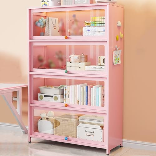 Libreria Scaffale con Anta a Ribalta, Libreria Verticale, Mobiletto Portaoggetti Indipendente con Poggiapiedi Regolabile, Scaffale da Soggiorno, Mobiletto Espositivo Moderno per Soggiorno(Pink,80x35x1