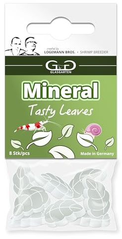 GlasGarten Mineral Leaves | 8 pezzi – Mangime complementare/minerale per gamberetti decorativi, lumache e gamberi con foglie secche di ortica, dente di leone e noce