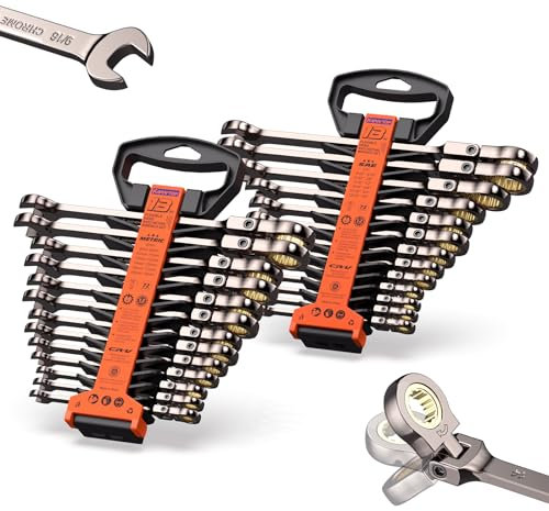 KARRYTON 26-Piece Flex head Ratcheting Wrench Set (Metric & SAE), 72 Teeth Combination Wrench Set w/Organizer Rack,Cr-V Steel,6-19mm &1/4-7/8, Black Nickel Handle with Golden Ratchet