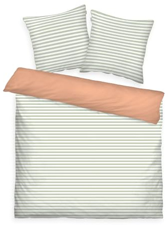 TOM TAILOR Linge de Lit, 2*80x80+200x220 cm, 100% Coton/Percale, Motif Réversible, Passepoil Coloré sur l'Oreiller et Fermeture Eclair, STRIPES WITH A KICK Vert Clair, Pêche (Green Leaf & Juicy Peach)