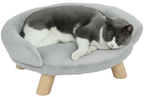 PawHut Divanetto Rialzato per Cani e Gatti con Rivestimento in Peluche, Divano per Cani Mini, Cuccia per Gatti e Aminali Domestici Sfoderabile con Schienale, 47x40x20 cm, Grigio