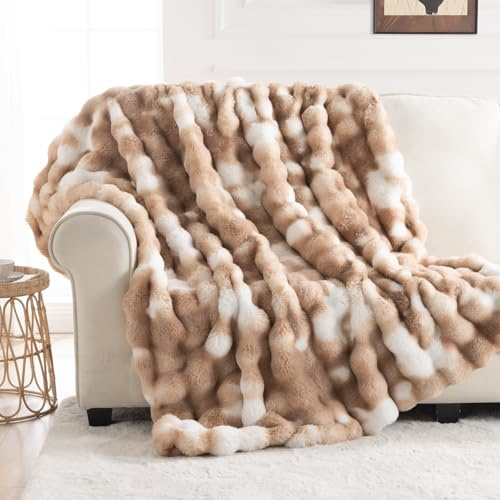 IKALIFE Faux Rabbit Fur Blanket - Warm Thick Fluffy Large Throw, Super Soft Cozy Plush Bubble Blanket For Sofa Bed Couch, Luxury Fuzzy Cosy Throws (150x200cm, Tie-Dye Brown)
