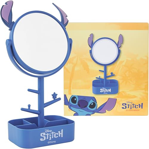 Get Trend Disney Stitch Kosmetikspiegel mit Schmuckständer & Schmuckkästchen, Kleiner Makeup Spiegel Zimmer Deko Geschenke für Mädchen & Teenager (Blau Stitch)