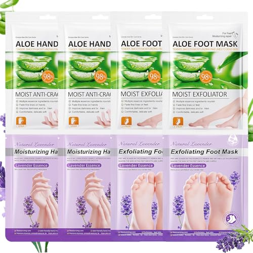 8 Paar Aloe Vera & Lavendel Foot Mask und Handmaske - Feuchtigkeitsspendende Fußmaske Socken Hand Mask - Anti Hornhaut Foot Peeling Mask für Frauen Männer - Soften Handmaske für Sehr Trockene Hände