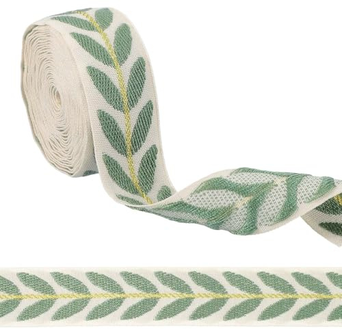 sourcing map 3 Yards Jacquard Ribbon Trim, 0.98 Inch Leaf Pattern Jacquard Ribbons Decorative Fabric Woven Embroidery Trim for Sewing Handmade Crafts DIY Clothing Hat Bag Gift Wrap, Dark Green