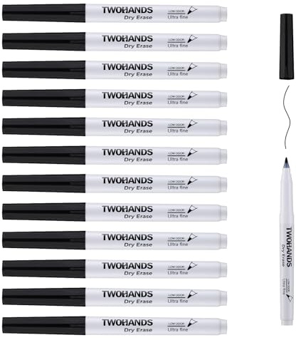 TWOHANDS Pennarelli cancellabili a secco, punta fine, ultra fine 0,7 mm, odore basso, punta extra fine, nero, per lavagna bianca, per ufficio, casa o pianificazione, 12 pezzi, 20574