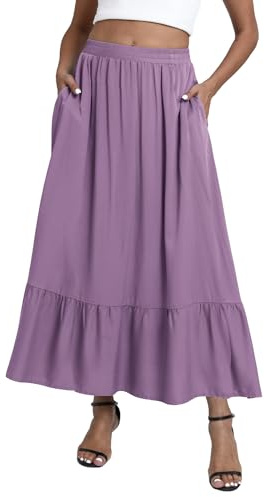 EXCHIC Donna Boho Fluttuante Vita Elastica A-Line Maxi Gonna Volant Spiaggia Lunga Gonne con Tasche (L, Viola)