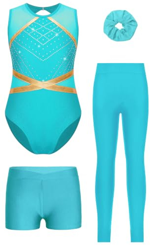 Miutii 4tlg.Mädchen Turnanzug Glitzer Gymnastikanzug mit Shorts Hose und Haargummi Ärmellos Ballettanzug Gymnastik Leotard Eislaufen Tanzkostüm