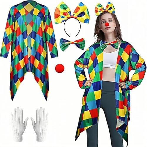 Sdhgerh 5 stycken dam clown kostym set med , rosett huvudbonad, handskar och clownnäsa, vuxen clown komplett set för karneval och cosplay fest