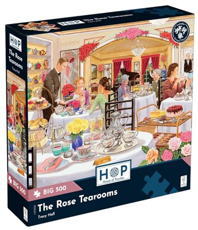 The House of Puzzles The Rose Tearooms, Big 500 Piece Jigsaw | Food Theme, Artwork by Tracy Hall, 48 x 69cm, FSC Certified Board, Sustainably Made, Deluxe Puzzle Gift for Adults
