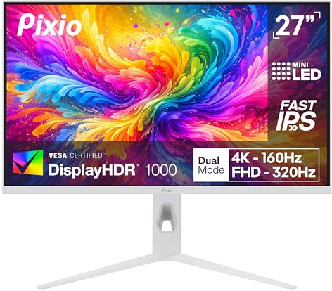 Pixio PX27UM Mini LED White 27 inch Dual Mode UHD 4K 160Hz/FHD 1920x1080 320Hz Fast IPS Panel 1ms GTG Response Time Gaming Monitor with Adaptive Sync HDR and Fully Adjustable Stand