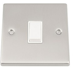 Light Switch 1 Gang - Satin Matt Chrome - Square - White Insert Plastic Switch - 10 Amp Single 1 Gang 2 Way