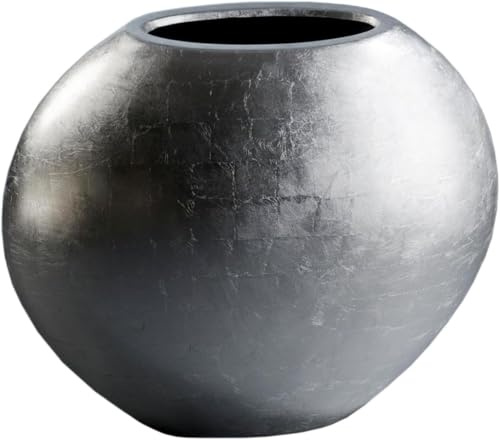 VIVANNO Pflanzkübel OVALE Bodenvase Silber Hochglanz aus Fiberglas | Bauchige Blumenvase in eleganter Blättchenoptik für Innen & geschützten Außenbereich, 50x59x29 cm großes Pflanzgefäß