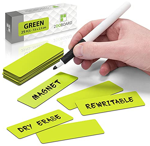 2DOBOARD Magnetstreifen beschreibbar - 7,5 cm x 2,5 cm Grün - 25 Stück - Magnetschilder zum beschriften – Für Kühlschrank, Whiteboard & Tafel - Magnetetiketten
