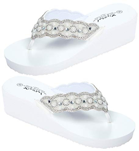 Holibanna Pearl Rhinestone Wedge Slide Sandals Women S Beach Shoes Peep Toe Slip on Non-Slip Summer