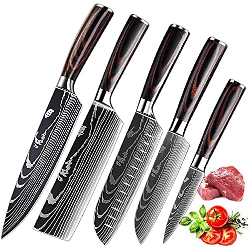 MDHAND Couteaux de Cuisine, Couteau Japonais Tranchant en acier inoxydable en plusieurs tailles avec Poignée confortable, Couteau de Chef Antirouille Cuisine et Cadeau Disponibles (5PCS)