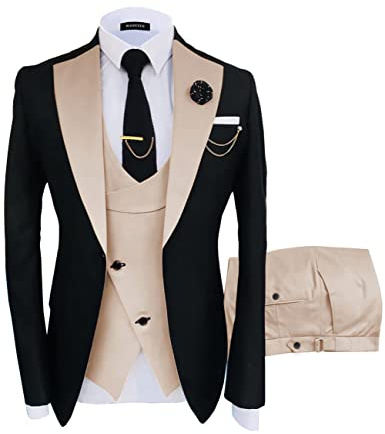 Wangyue Mens Suit Slim Fit 3 Piece Beige Tuxedo for Men Wedding 3 Piece Double Breasted Prom Tuxedo Beige Elegant Business Formal Dinner Party Suit Son Father's Day XS