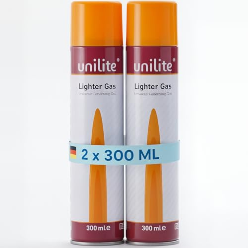 UNILITE Feuerzeuggas 2x300 ml – Nachfüllgas mit 6 Adaptern | Butangas Gaskartuschen zum Nachfüllen von Gasfeuerzeug, Sturmfeuerzeug, Küchenbrenner & Stabfeuerzeug