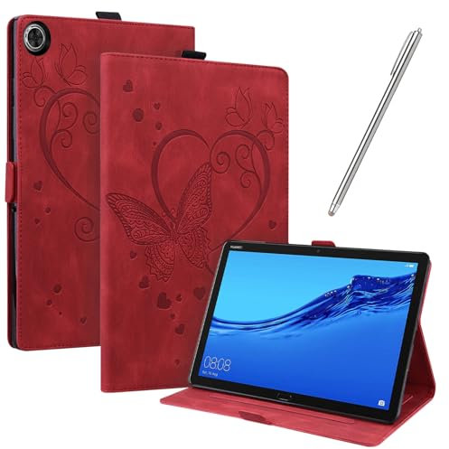 JayModCase Hülle Kompatibel mit Huawei Mediapad M5 Lite 8 Zoll PU Leder Schutzhülle Standfunktion Kartenschlitz Stifthalter Flip Cover Auto Schlaf/Wach Funktion (Rot)