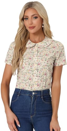 Allegra K Damen Blumen Knopfleiste Oberteil Retro Bubikragen Baumwolle Kurzarm Top Bluse Aprikose M