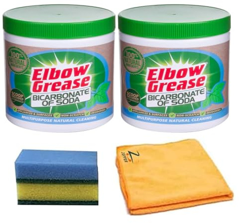 Elbow Grease Bicarbonate of Soda 500g 2Pk and 1 Microfiber Cloth & Cleaning Sponge, Natural Multipurpose Powder for Laundry, Kitchen, Appliances & Surfaces Non-Scratch