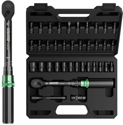 LLAVETOR Bike Torque Wrench Set, 1/4 Inch Drive, 4-20Ft.lb(5.4-27.2N.m), 37pcs Torque Wrench Set for MTB, E-Bike, Moto Maintenance