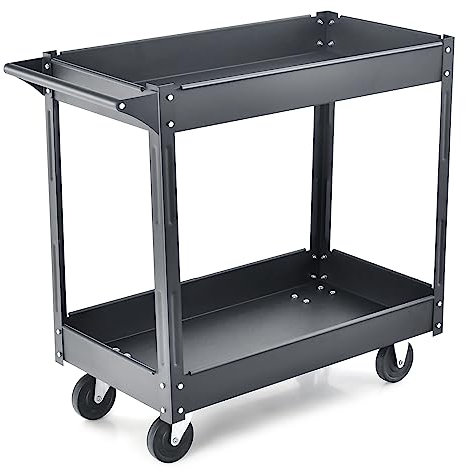 HOMFME 2 Tier Tool Cart, Metal Frame Utility Workshop Trolley with Universal Wheels and Towel Rack Handle, Heavy Duty Rolling Service Cart for Garage Warehouse Office Home