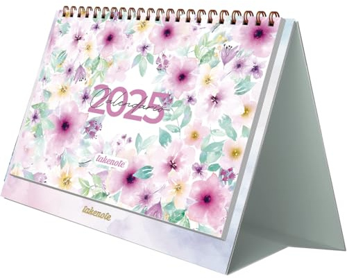 Calendario 2025 Sobremesa - Mensual Enero a Diciembre, Español e Inglés, Tamaño 21,5 x 15,5 cm, Con Plannings Mensuales y Anual, Cierre Anillas Doble Wire’o - Takenote Valentina
