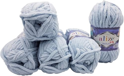 5 x 100 Gramm Ilkadim Export Velluto Strickwolle, Babywolle, 500 Gramm Strickgarn Super soft Bulky (Blaugrau 416)