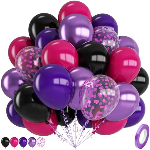 Black Purple Balloons, 12 Inch Hot Pink Black Party Balloons, Metallic Purple Black Hot Pink Matte Purple Latex Balloon with Confetti Balloon for Kids Girls Birthday Baby Shower Party Decorations