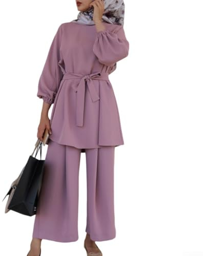 ReachMall Elegant Women's Abaya Set 2 Pieces of Tops and Pants for Autumn Office Style (XXL Purple)