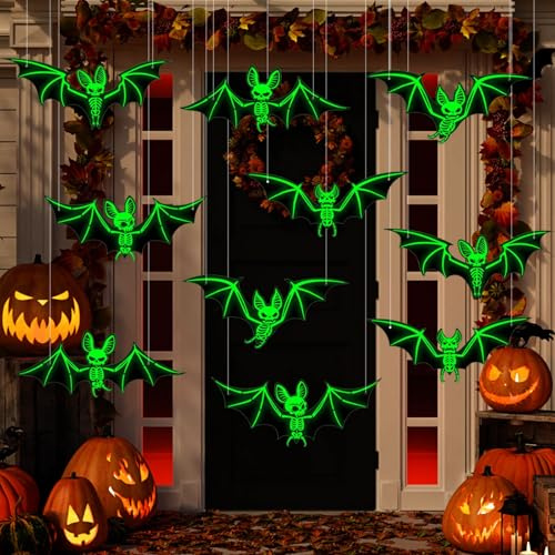 Halloween Deko Outdoor, 10 Stück 5 Größen Halloween Fledermaus Deko Leuchtend, Gruselige Wasserdichtes Fledermaus Hängende für Party Outdoor Dekoration Haunted Haus/Hof Dekorationen Zubehör
