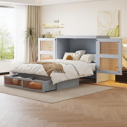 Rosebibi Schrankbett 140x200cm, Wandbett mit Lattenrost, Wandklappbett, vertikales schrankbett mit Lattenrost, mit Stauraumschubladen, Rattan-Design, Holzbetten, Jugendbetten, Einzelbetten (Grau)