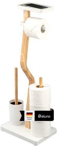 eluno Ensemble WC sur pied 4 en 1, avec brosse WC, 2 têtes de brosse de rechange, porte-rouleaux (rechange) pour 3 rouleaux et étagère, en bois certifié FSC et métal (blanc)
