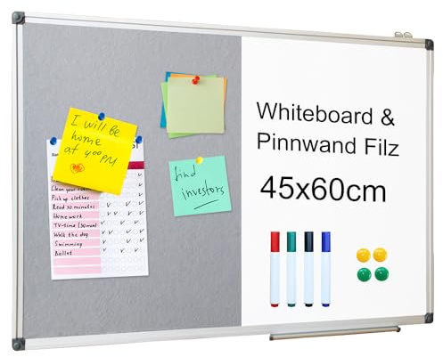 XIWODE Whiteboard Magnetisch & Pinnwand Filz - 2in1 Kombitafel: Magnettafel 60x45, Weiße Abwischbare Magnetwand, Graue Filzwand inkl. Zubehör zum Aufhängen an der Wand für Zuhause, Büro, Schule