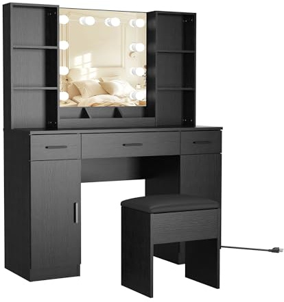 Panana Modern Makeup Vanity Desk Set with Hollywood Bulbs Mirror & Stool, 3-Color Lighted Dressing Table with 3 Drawers, 2 Cabinets, 6 Shelves and Power Outlet for Bedroom (Black)