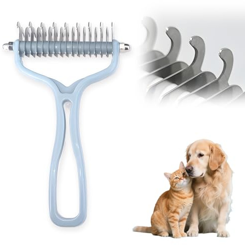 2-in-1 Katzenbürste, 2026 Neu Improved Pet Grooming Rake, Katzenbürste Kurzhaar Unterfell Unterfellbürste Hunde, Geeignet für die Fellpflege Langhaariger Haustiere (Blau)