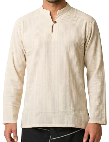 PANASIAM Fischerhemd Herren - leichtes Sommerhemd - Henley Shirt kragenlos | Baumwollhemd aus 100% Baumwolle, Fisherman Shirt, mit Holzknopf, ohne Kragen, für Alltag, Urlaub und als Mittelaltershirt