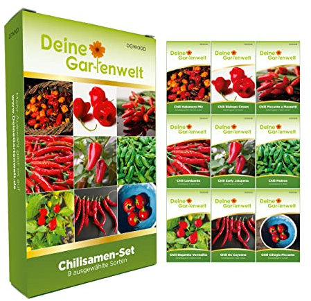Chilisamen Set - 9 Sorten Samen - Saatgut Sortiment - Anzuchtset für Chilipflanzen - Geschenkset - Chilisorten von sehr mild bis extra scharf