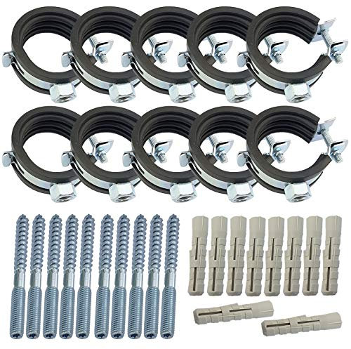 10 Stück Set Rohrschellen aus Stahl verzinkt Spannbereich 26-30 mm Rohr Außendurchmesser 3/4 Zoll mit Schallschutz Gummi Einlage + Dübel 10mm + Stockschrauben M8 Halterung Befestigung 10er Pack