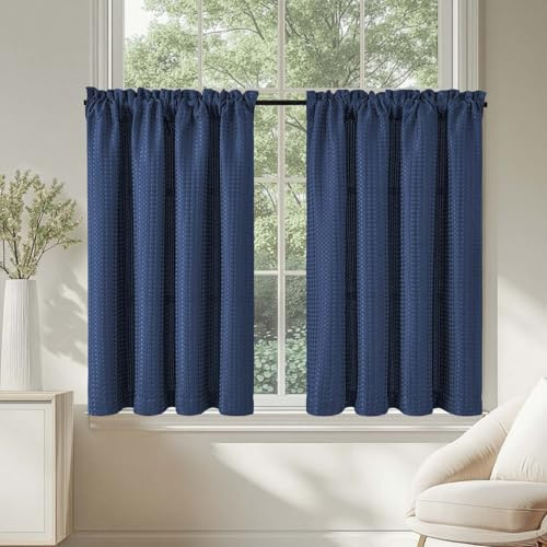 TOPICK Blickdicht Scheibengardinen Waffe Bistrogardine 2Stück H115xB90 Blau | Verdunkelung Küchenvorhänge modern Lichtdurchlässig Schrank Kurzgardine Küchfenster landhausstil küchengardine Wohnzimme