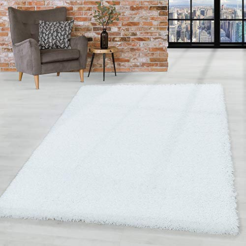 HomebyHome Teppich Wohnzimmer Shaggy Hochflor Weiss Schmutzabweisend 160x230 cm Einfarbig Design - Flauschiger Teppich Schlafzimmer Moderne Extra Weich Pflegeleicht - Carpet Living Room