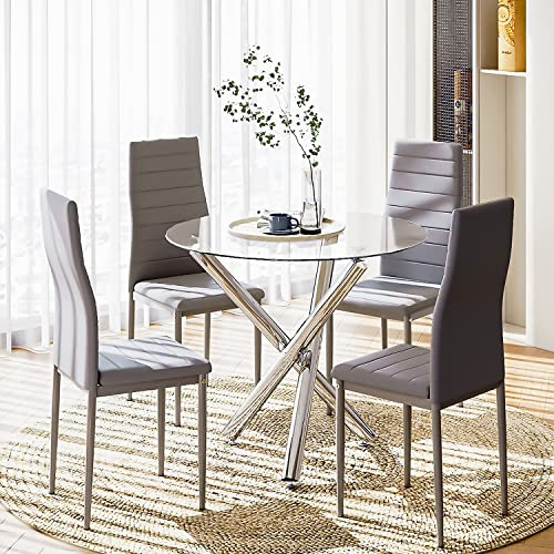 je Dining Table and Chairs Set of 4, 90 cm Glass Round Chrome Leg Table with High Back Faxu Leather Chairs for Dining Room,Kitchen