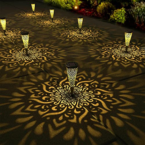 gardencave 6 Pack Solar Lights Outdoor Garden Decorative Mandala Solar Garden Lights with Warm Light Waterproof Solar Pathway Landscape Lights for Path Patio Backyard Walkway Yard Lawn Decor (Black)
