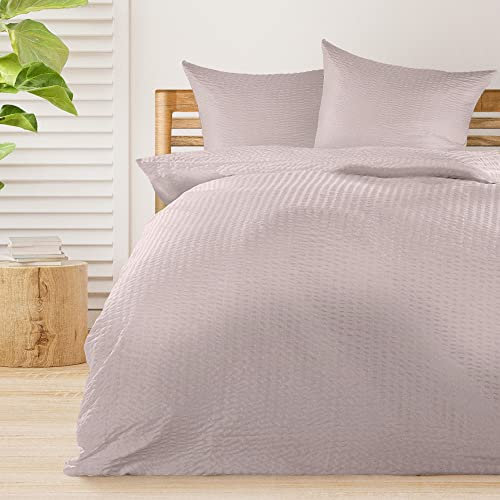 Beautissu Juego de Ropa de Cama Meline - 2 Sets de 135x200 cm Ropa de Cama de sirsaca Transpirable y Agradable para la Piel - Juego de Funda nórdica refrescante con Funda de Almohada - Taupe