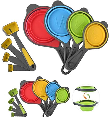 Collapsible Measuring Cups and Spoons Set- 16 Piece Portable Silicone Measuring Cups and Spoons, for Liquid & Dry Measuring, Food Grade Silicone Measuring Tools Set, Yellow Green Color(random rainbow)