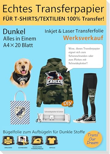 TransOurDream Inkjet/Laser Transferfolie Bügelfolie(Schwarze Folie),A4X20 | für Dunkle Textilien Polyester, Poly-Baumwollmischung, Leinwand,Streifen, Karos, Jeans und Camouflage