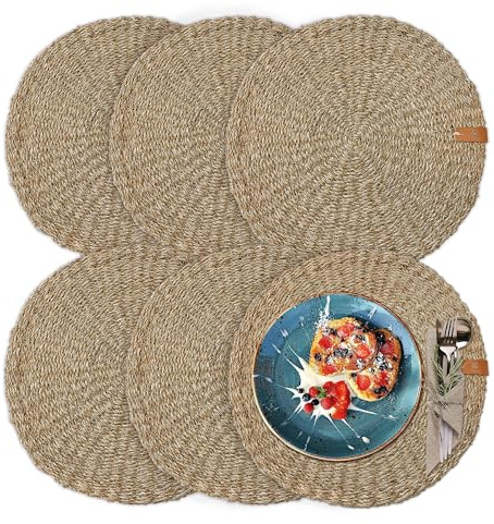 FRIHET Tischset rund - Seegras geflochten (6er Set) Platzset Ø 38 cm, Natur Tischdeko, Tischsets Platzsets abwischbar, Platzdeckchen Esstisch, Hygge Skandi Boho
