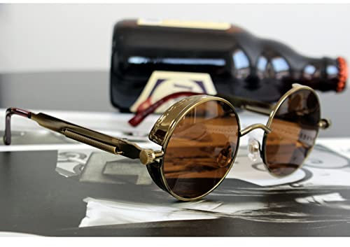 Vintage-Sonnenbrille mit rundem Rahmen, Tee, Herren und Damen, Kettenbrille, Steampunk-Sonnenbrille, geeignet für Reisen, Reitpartys, Strandbekleidung und andere Outdoor-(Color:Tee)